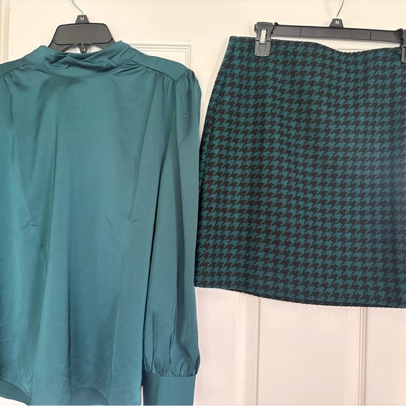 LOFT Teal Bow Blouse & Teal/Black Houndstooth Skirt Set - Picture 2 of 6
